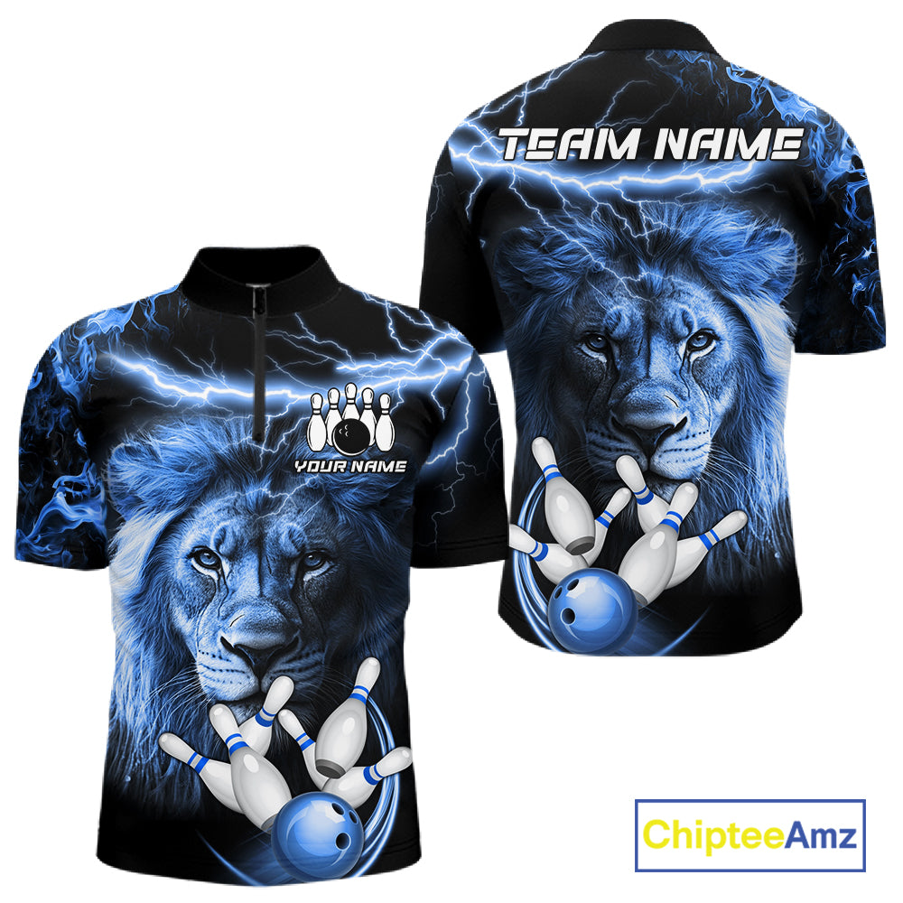 Personalized blue lightning thunder lion bowling team jersey quarter zip shirt for men featuring blue lightning lion graphics, premium custom bowling apparel.