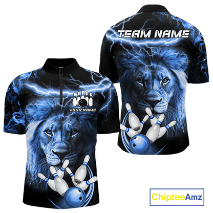 Personalized blue lightning thunder lion bowling team jersey quarter zip shirt for men featuring blue lightning lion graphics, premium custom bowling apparel.