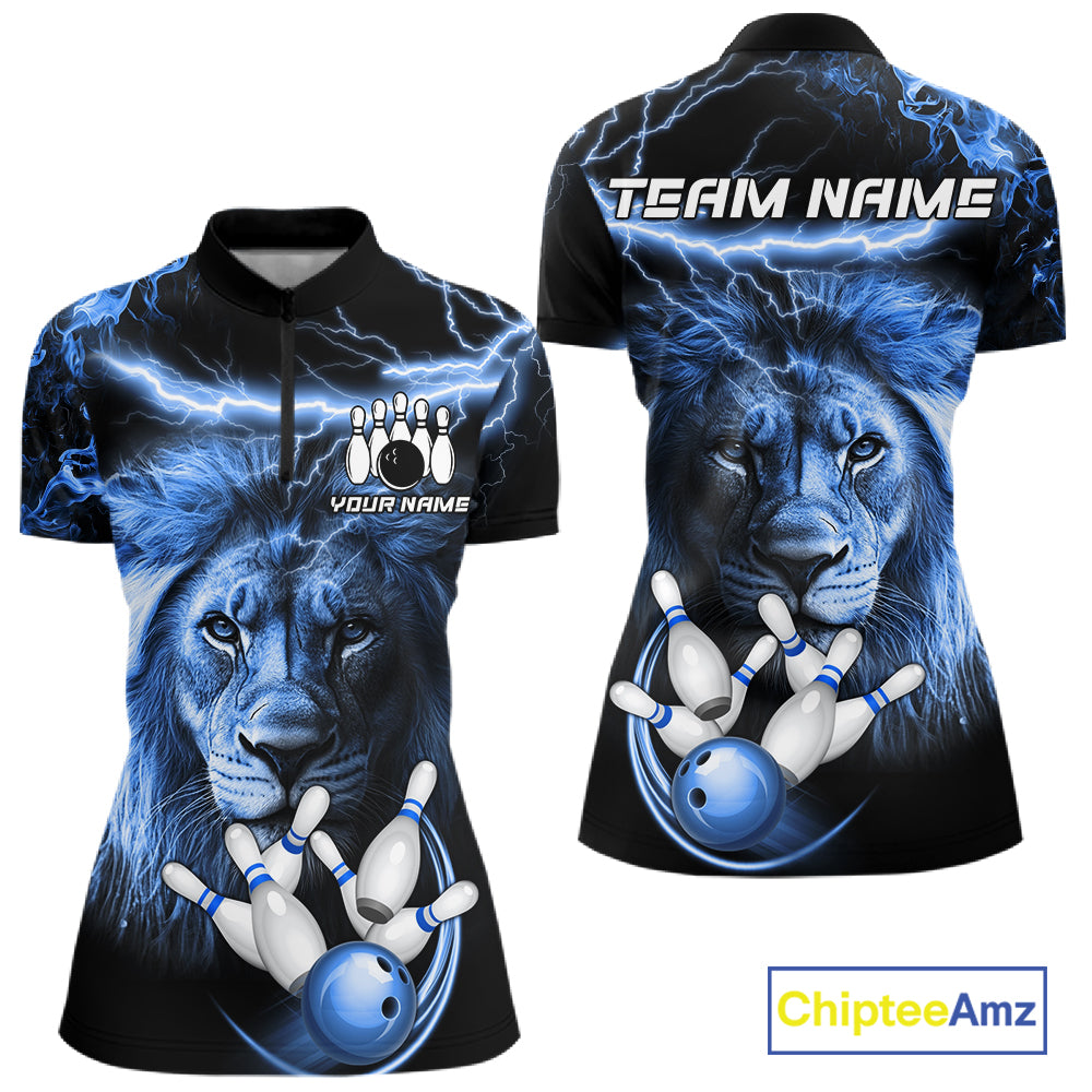 Personalized blue lightning thunder lion bowling team jersey quarter zip shirt for women featuring blue lightning lion graphics, premium custom bowling apparel.
