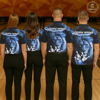 Bowling team wearing matching personalized blue lightning thunder lion bowling team jerseys, back view.
