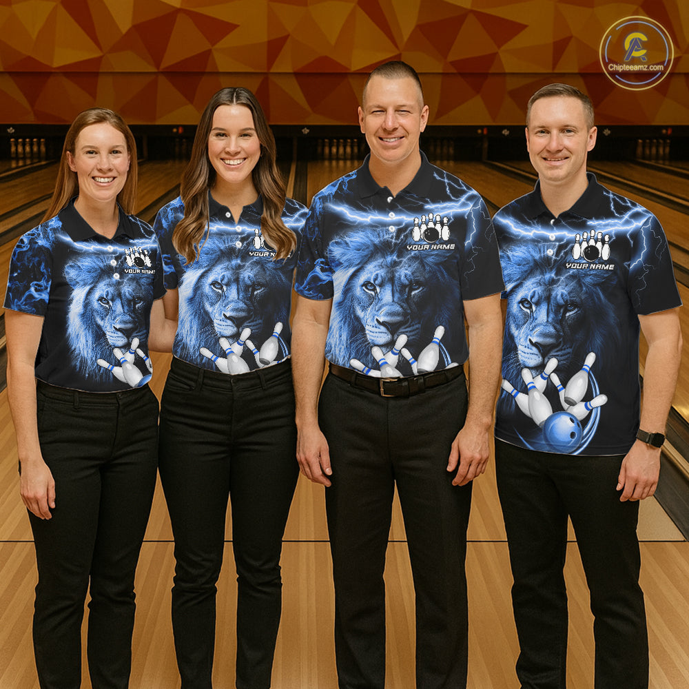 Bowling team wearing matching personalized blue lightning thunder lion bowling team jerseys, front view.