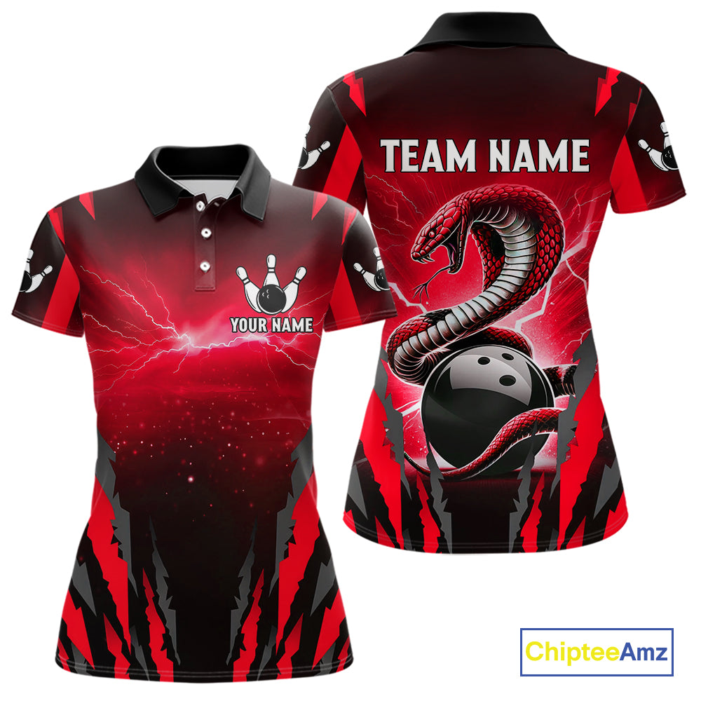 Personalized Thunder Lightning Cobra Snake Bowling Shirts For Women, Red Bowling Team Jersey TDM4644