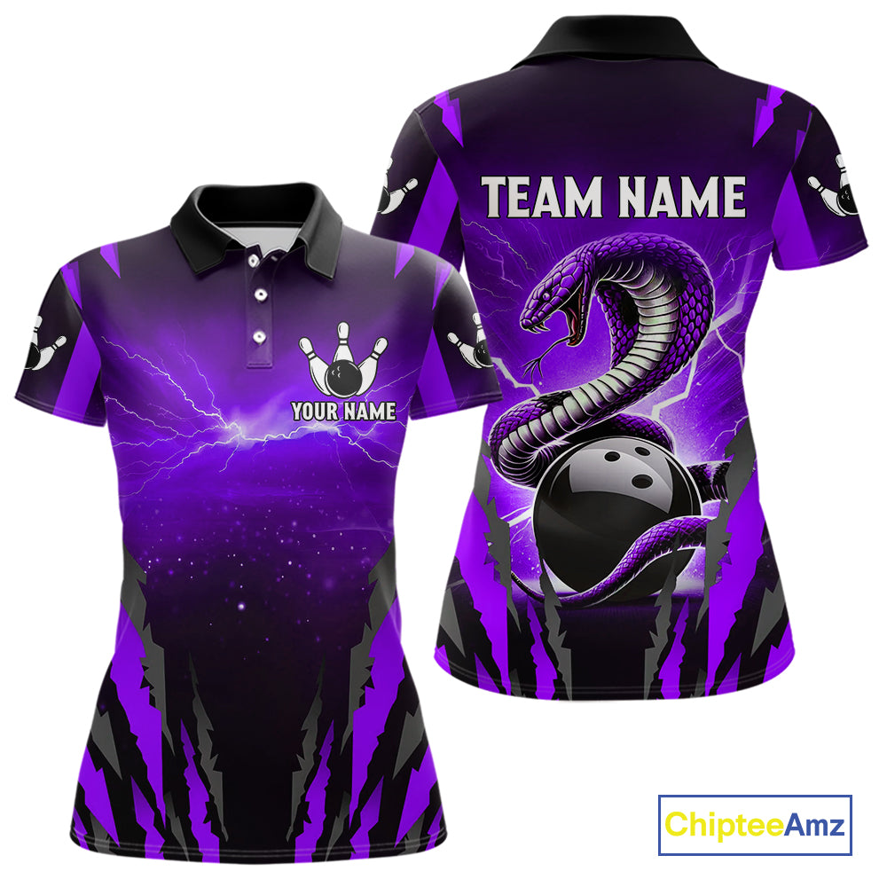 Personalized Purple Thunder Lightning Cobra Snake Bowling Shirts For Women, Bowling Team Jersey TDM4645