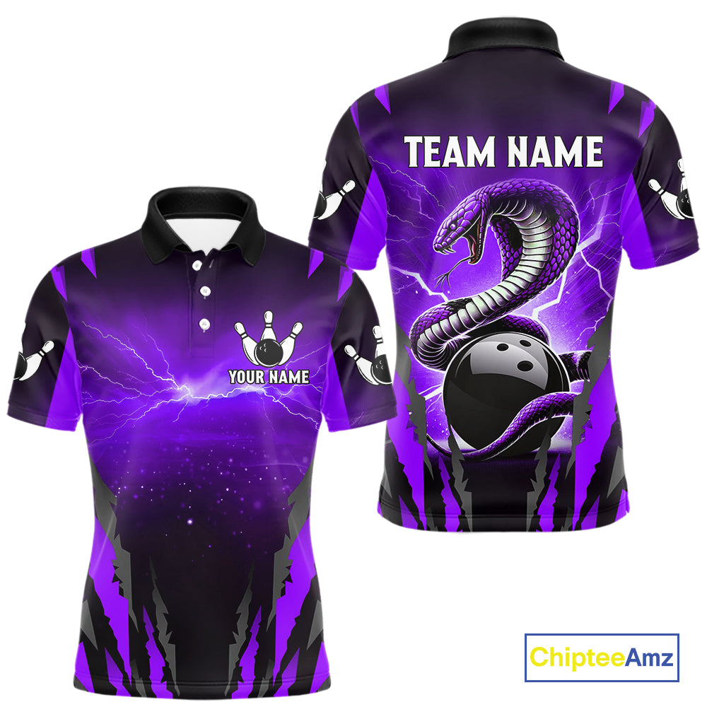 Personalized Purple Thunder Lightning Cobra Snake Bowling Shirts For Men, Bowling Team Jersey TDM4645