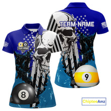Load image into Gallery viewer, Personalized 8 &amp; 9 Ball Pool Skull Billiard Shirt For Women Custom Grunge Billiard Team Jersey |Blue TDM4648