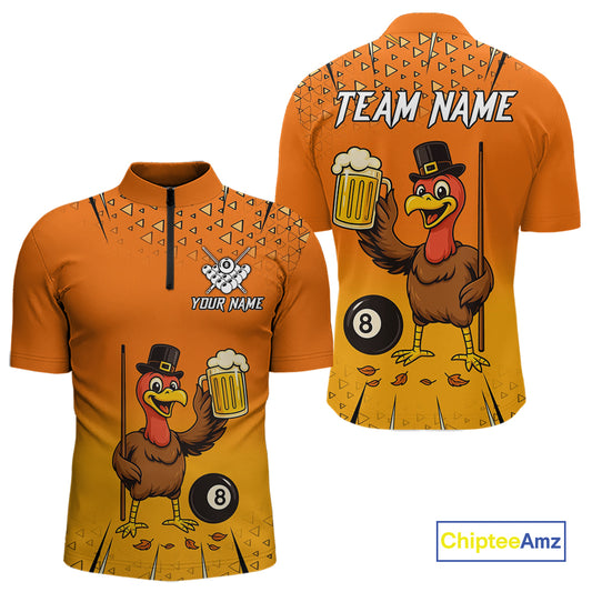 Orange Funny Turkey 8 Ball Pool Billiard Shirt For Men Custom Thanksgiving Billiard Jersey TDM4836