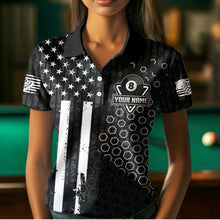 Load image into Gallery viewer, Personalized Black White American Flag Billiard Shirts For Women, Patriotic 8 Ball Billiard Jerseys TDM3476