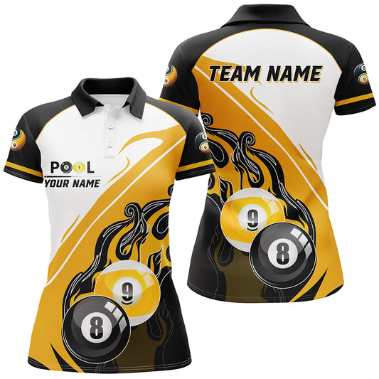 Personalized Black Yellow Billiard 8 Ball & 9 Ball Pool Women Polo Shirts, Billiard Attire Jerseys TDM1127