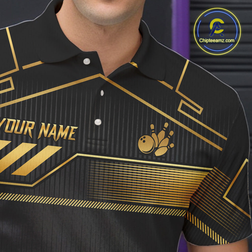 Black And Gold Custom Crown Bowling Ball Polo & Quarter Zip For Men, Bowling League Team Jersey TDM6569