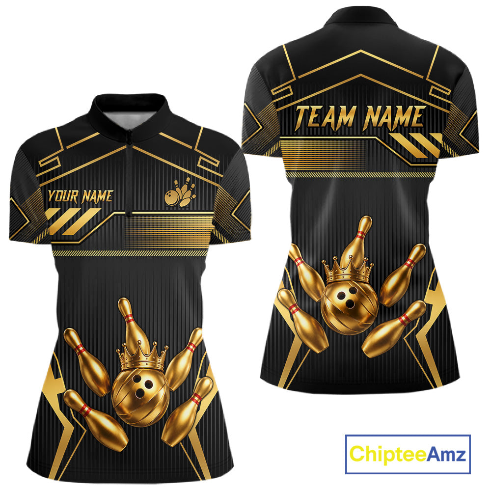 Black And Gold Custom Crown Bowling Ball Polo & Quarter Zip For Women, Bowling League Team Jersey TDM6569