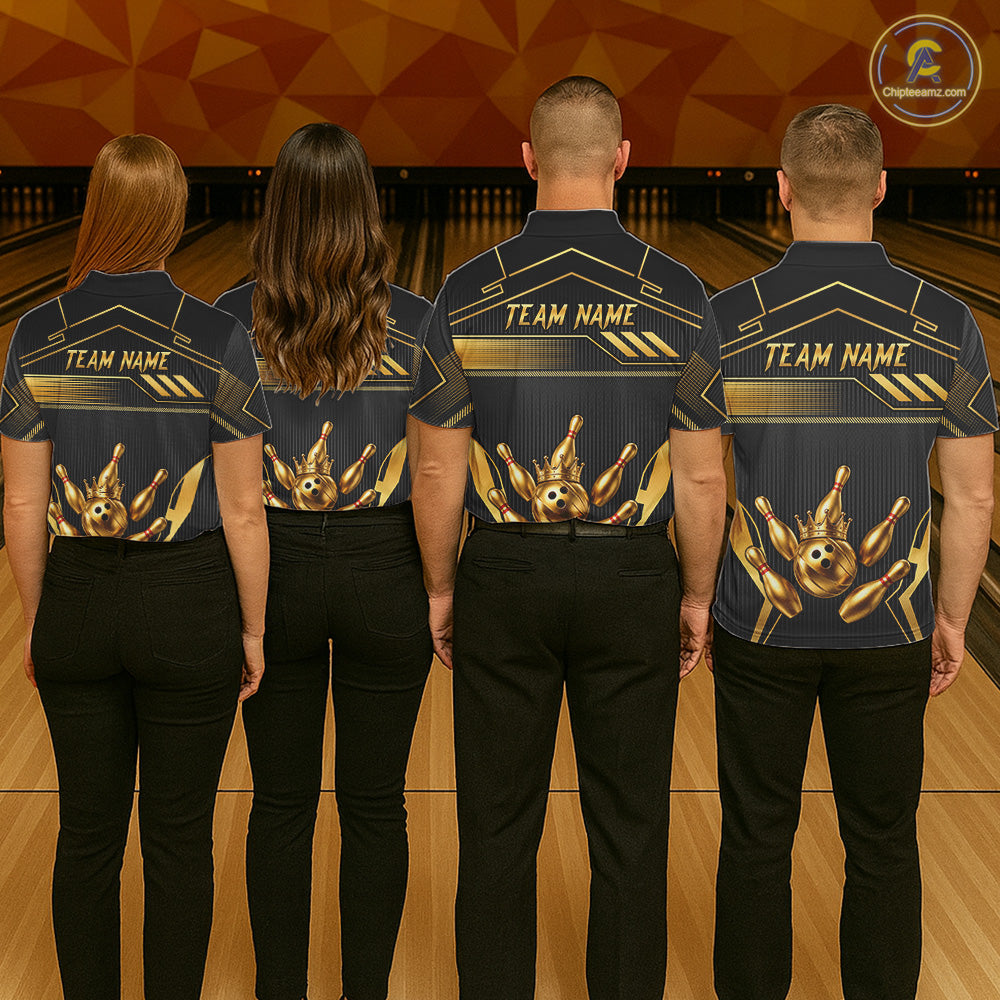 Black And Gold Custom Crown Bowling Ball Polo & Quarter Zip For Men, Bowling League Team Jersey TDM6569