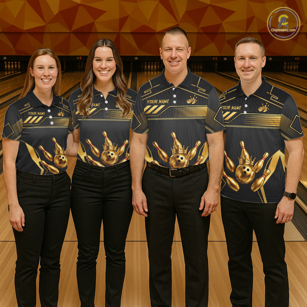 Black And Gold Custom Crown Bowling Ball Polo & Quarter Zip For Men, Bowling League Team Jersey TDM6569