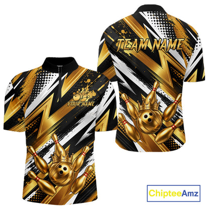 Custom Black And Gold Bowling Jersey For Men, Crown Bowling Team Shirts Polo & Quarter Zip Shirts TDM6570