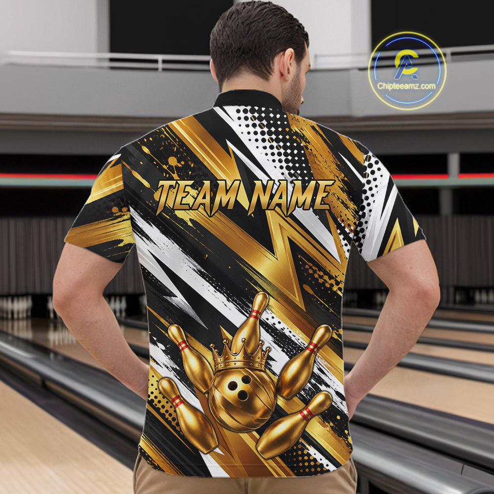 Custom Black And Gold Bowling Jersey For Men, Crown Bowling Team Shirts Polo & Quarter Zip Shirts TDM6570