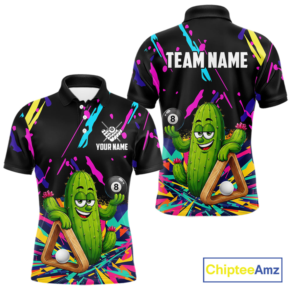 Colorful cactus 8 ball billiard polo shirt for men with custom pool team graphics.