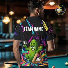 Load image into Gallery viewer, Back view of man wearing a colorful cactus 8 ball pool shirt in a billiards hall.