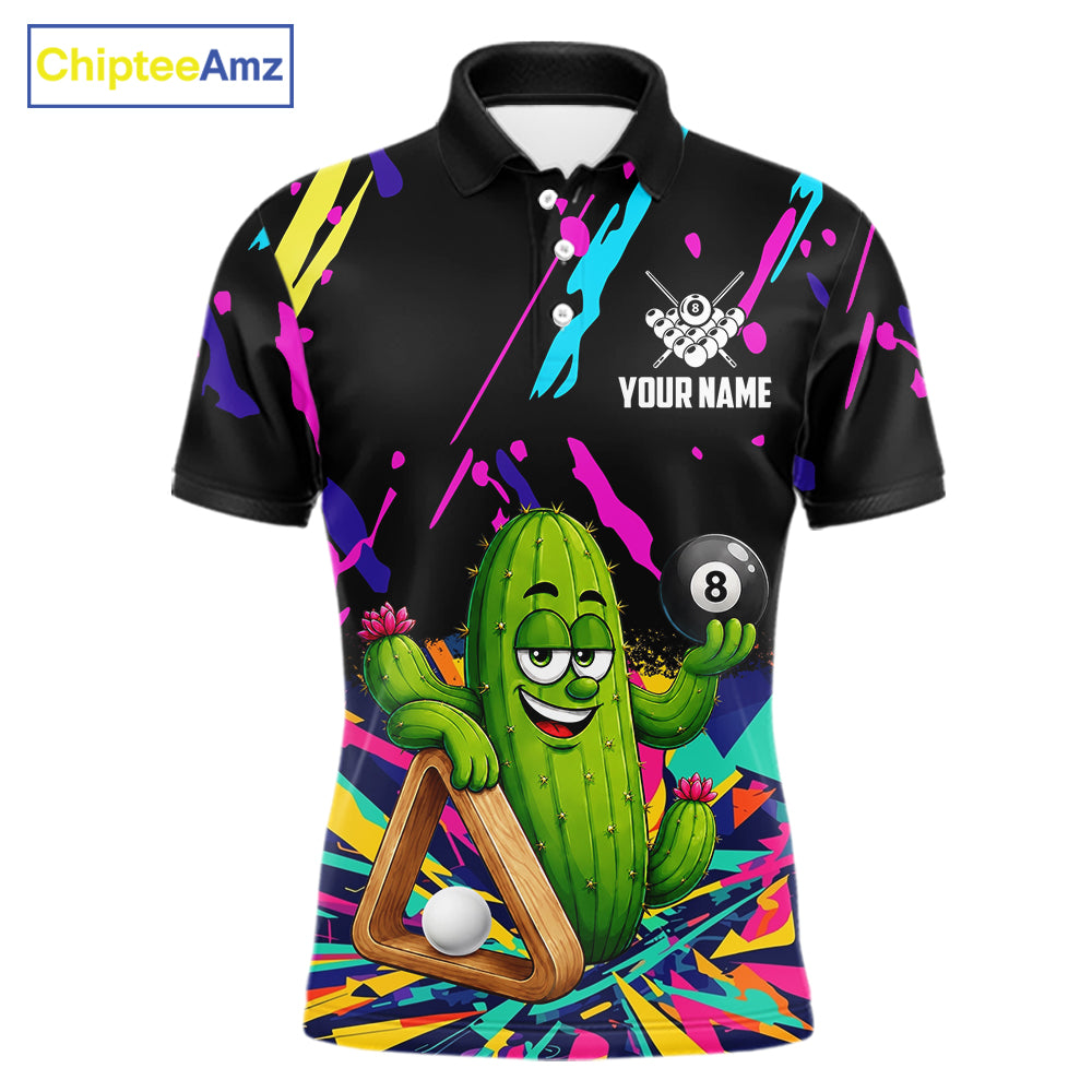 Colorful cactus 8 ball billiard polo shirt for men with custom pool team graphics.