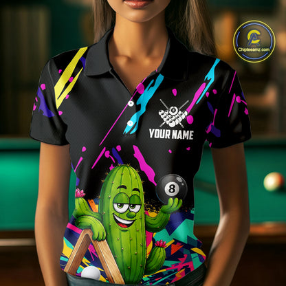 Woman wearing a colorful cactus 8 ball billiard jersey beside a pool table front view.