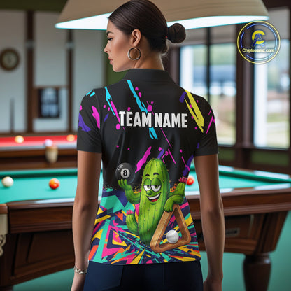 Back view of woman wearing a colorful cactus 8 ball pool shirt in a billiards hall.