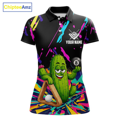 Colorful cactus 8 ball billiard polo shirt for women with custom pool team graphics.