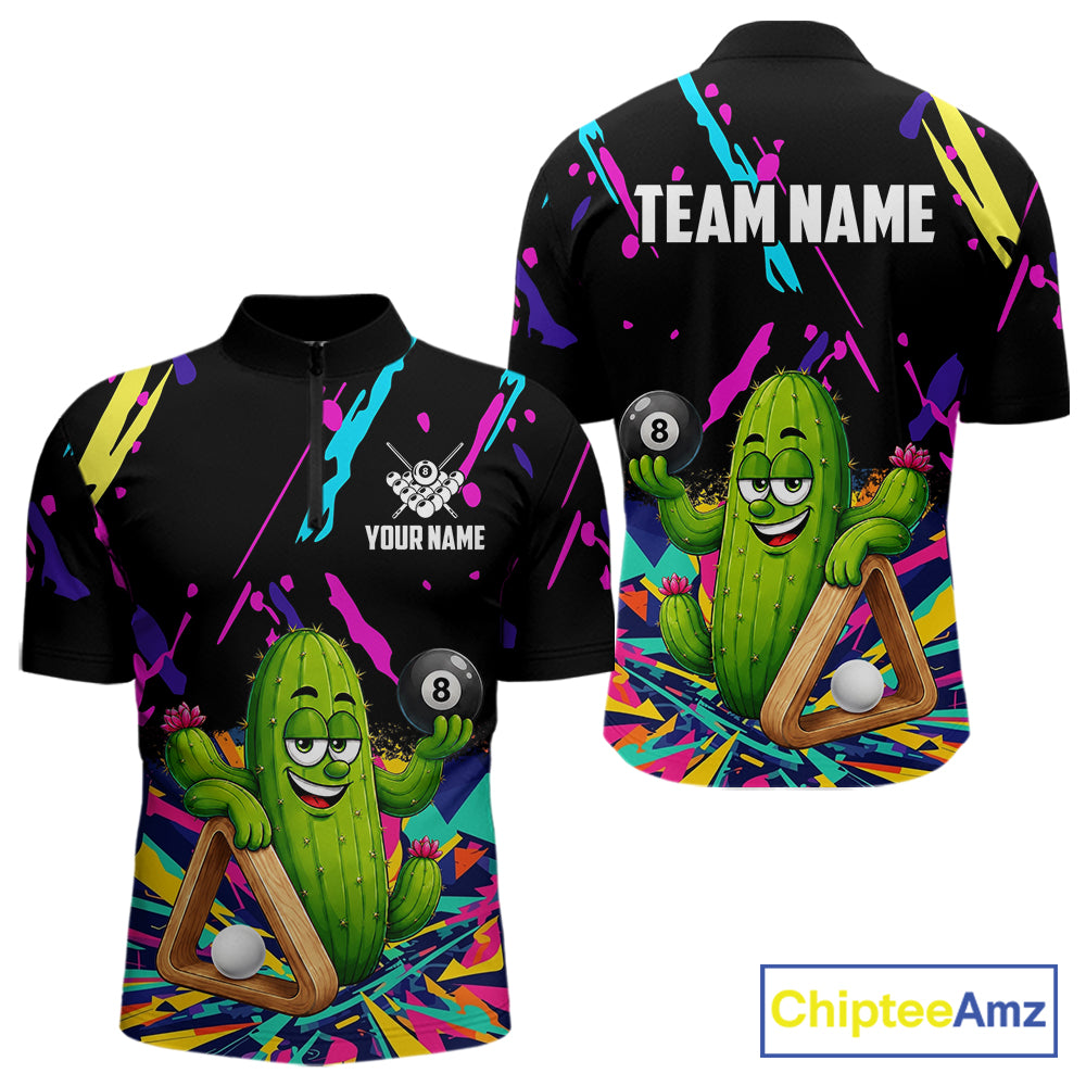 Colorful cactus 8 ball billiard quarter zip shirt for men designed for league tournaments and team events.