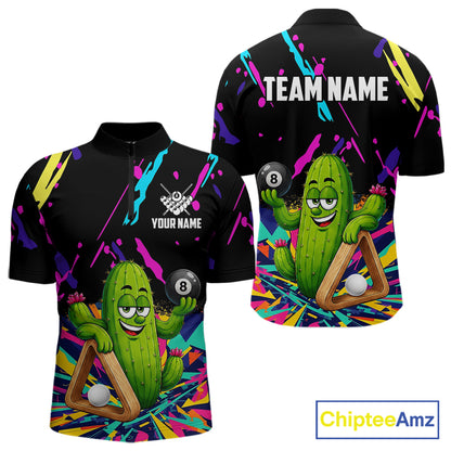 Colorful cactus 8 ball billiard quarter zip shirt for men designed for league tournaments and team events.