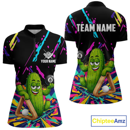 Colorful cactus 8 ball billiard quarter zip shirt for women designed for league tournaments and team events.