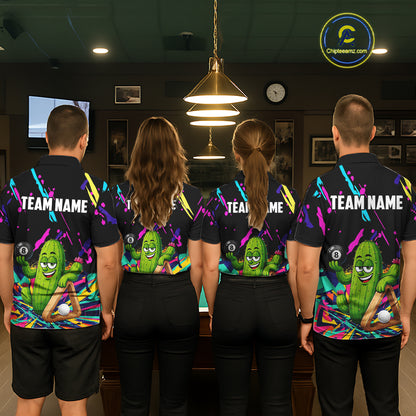 Back view of pool players wearing matching colorful cactus billiard shirts in a game room.