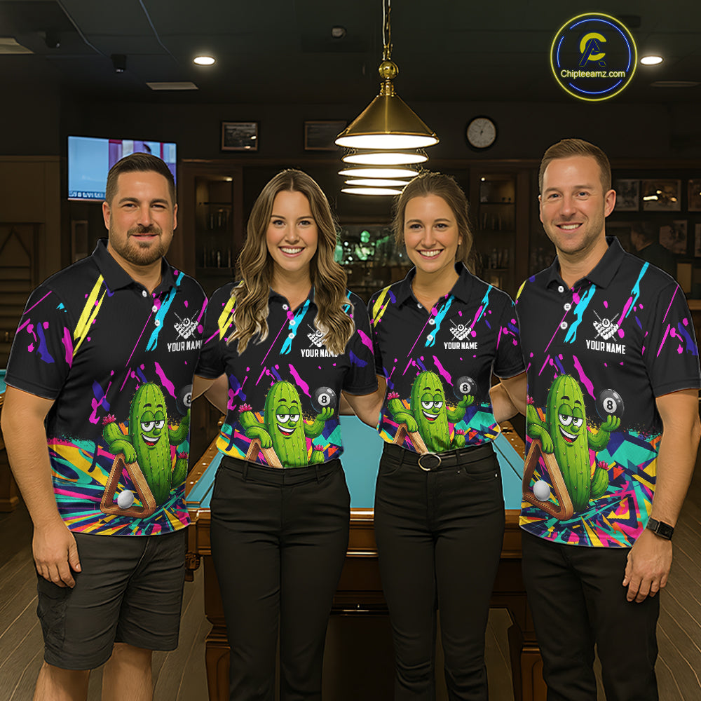 Pool team wearing matching colorful cactus 8 ball billiard jerseys during tournament competition front view.