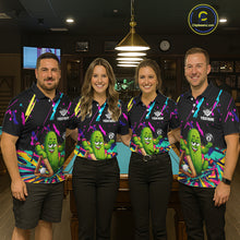 Load image into Gallery viewer, Pool team wearing matching colorful cactus 8 ball billiard jerseys during tournament competition front view.
