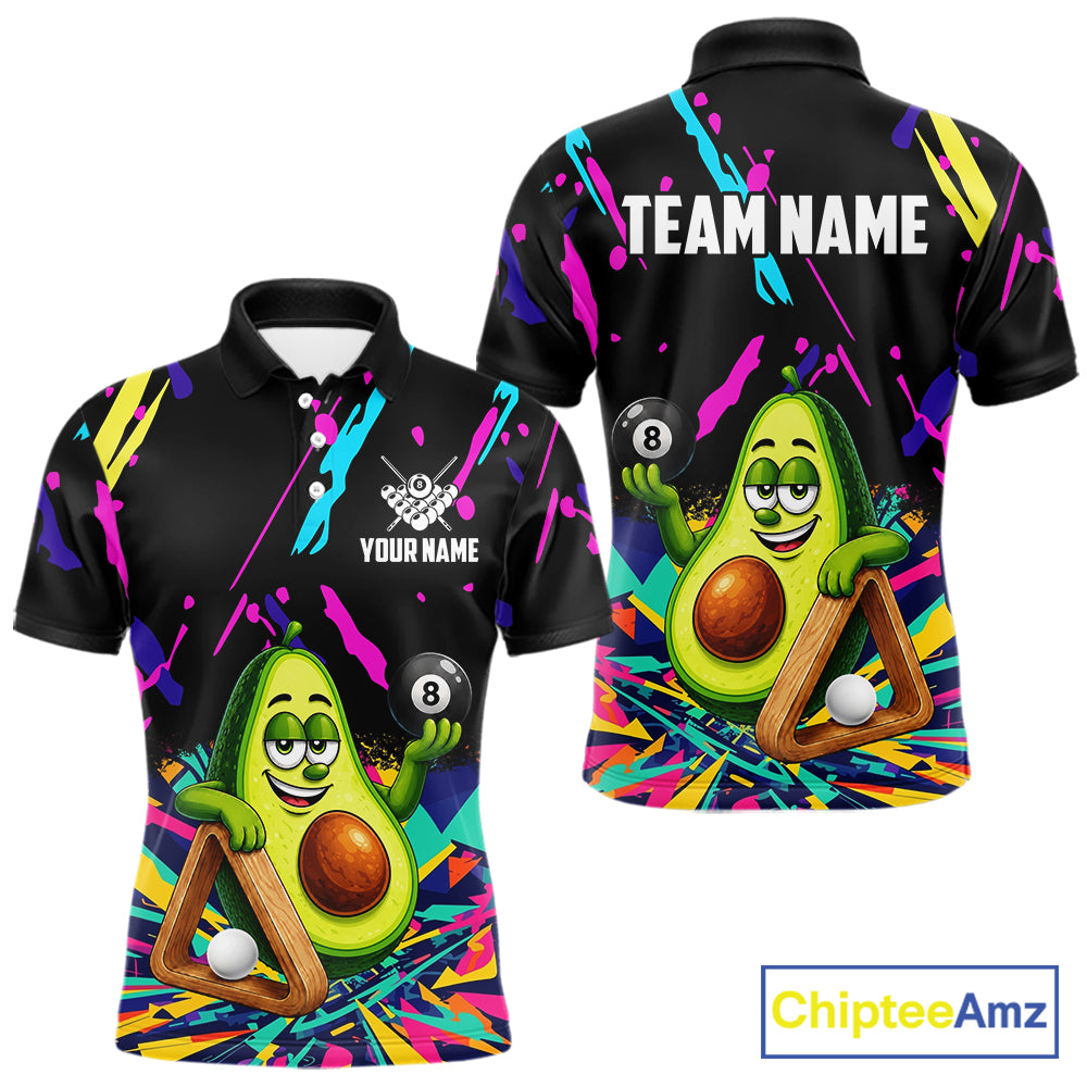 Colorful avocado 8 ball billiard polo shirt for men with custom pool team graphics.