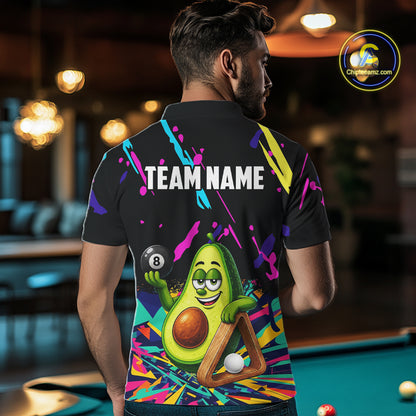 Back view of man wearing a colorful avocado 8 ball pool shirt in a billiards hall.