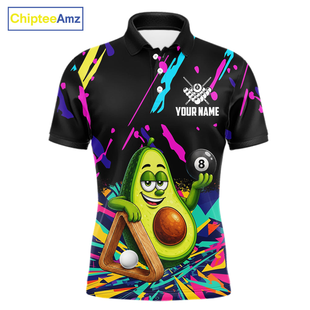 Colorful avocado 8 ball billiard polo shirt for men with custom pool team graphics.