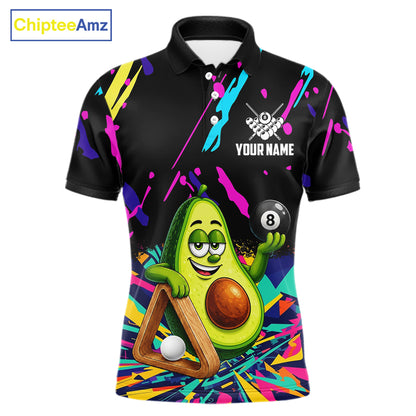 Colorful avocado 8 ball billiard polo shirt for men with custom pool team graphics.