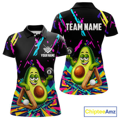 Colorful avocado 8 ball billiard polo shirt for women with custom pool team graphics.