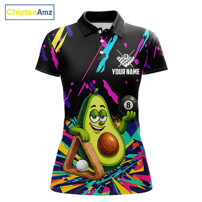 Colorful avocado 8 ball billiard polo shirt for women with custom pool team graphics.