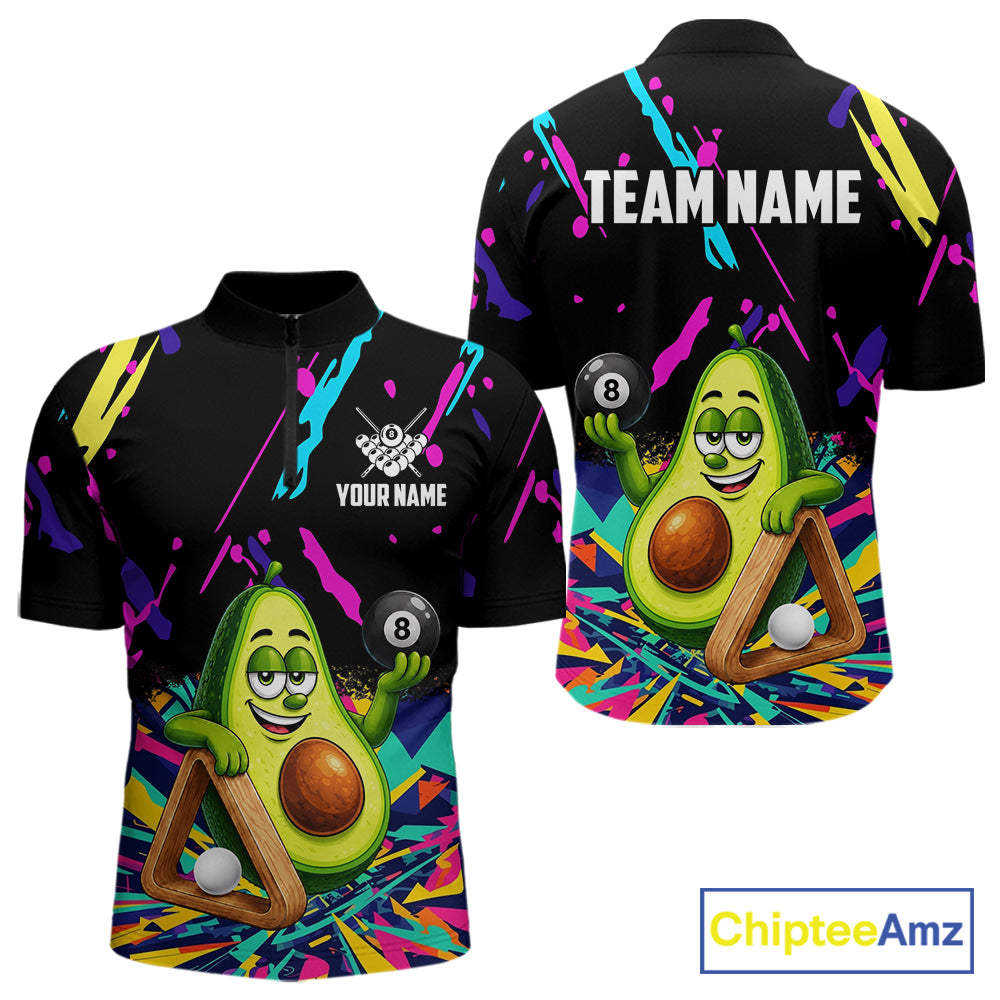 Colorful avocado 8 ball billiard quarter zip shirt for men designed for league tournaments and team events.