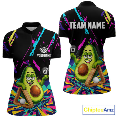 Colorful avocado 8 ball billiard quarter zip shirt for women designed for league tournaments and team events.