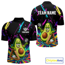Load image into Gallery viewer, Colorful avocado 8 ball billiard quarter zip shirt for men designed for league tournaments and team events.