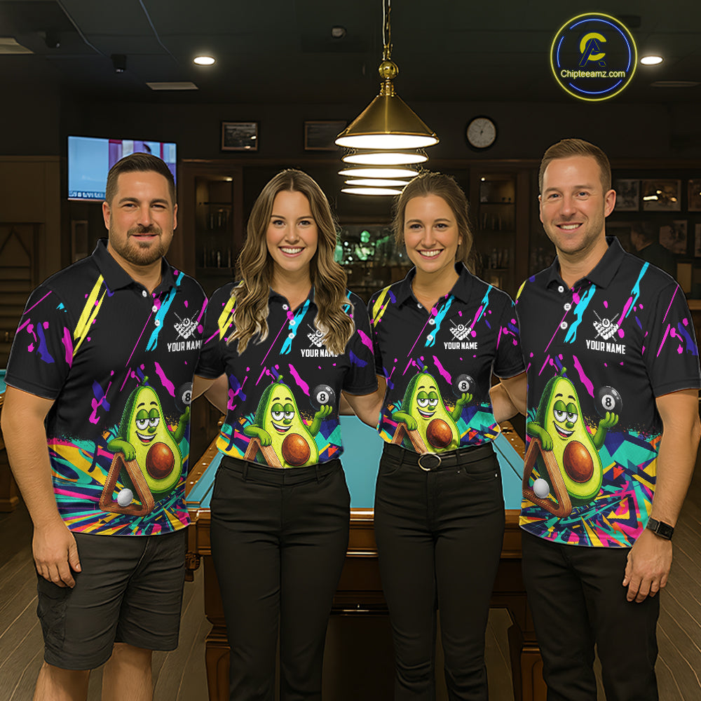 Pool team wearing matching colorful avocado 8 ball billiard jerseys during tournament competition front view.