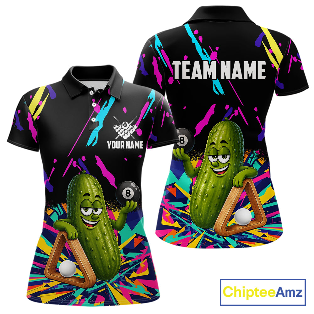 Colorful pickle 8 ball billiard polo shirt for women with custom pool team graphics.