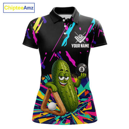 Colorful pickle 8 ball billiard polo shirt for women with custom pool team graphics.