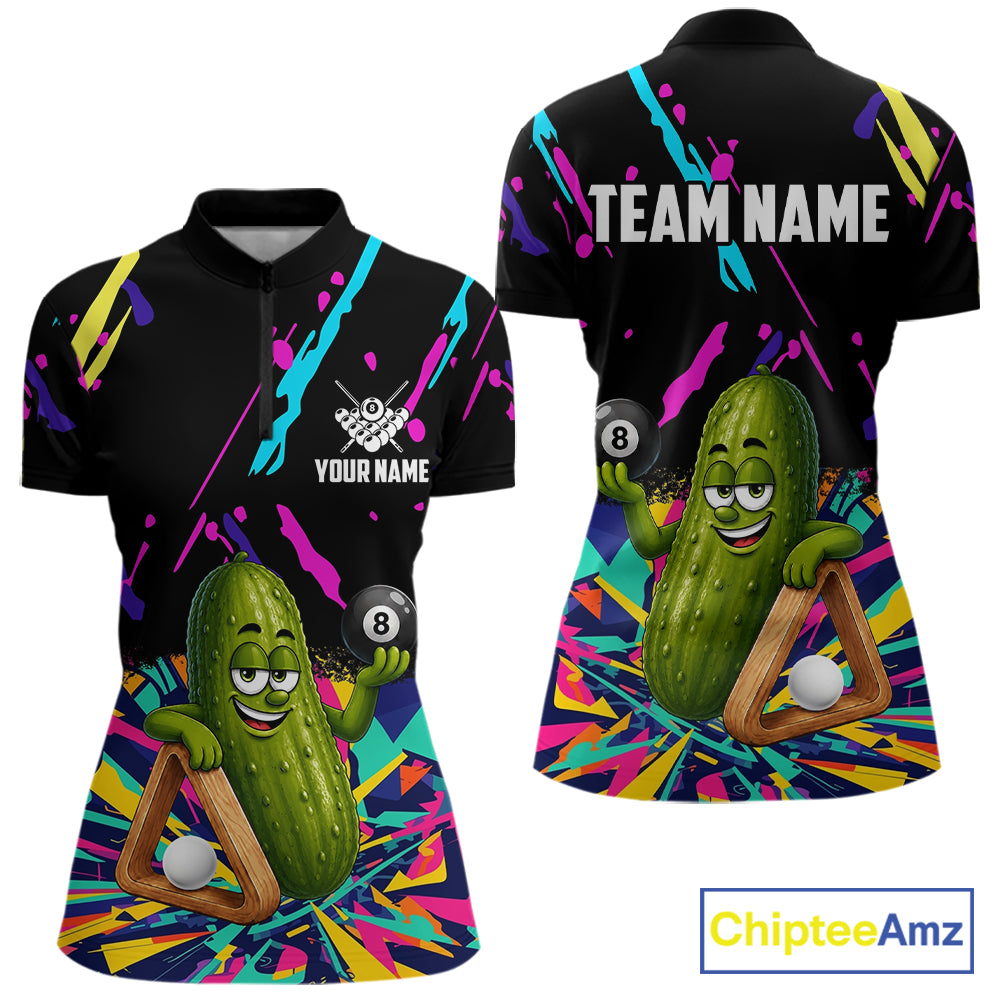 Colorful pickle 8 ball billiard quarter zip shirt for women designed for league tournaments and team events.