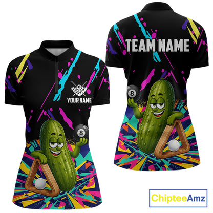 Colorful pickle 8 ball billiard quarter zip shirt for women designed for league tournaments and team events.