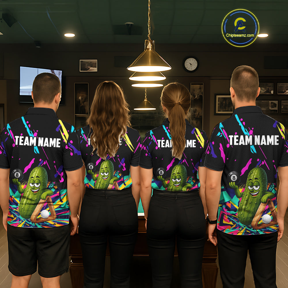 Pool team wearing matching colorful pickle 8 ball billiard jerseys during tournament competition front view.