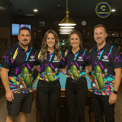 Back view of pool players wearing matching colorful pickle billiard shirts in a game room.