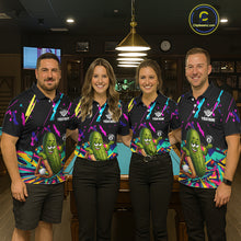 Load image into Gallery viewer, Back view of pool players wearing matching colorful pickle billiard shirts in a game room.
