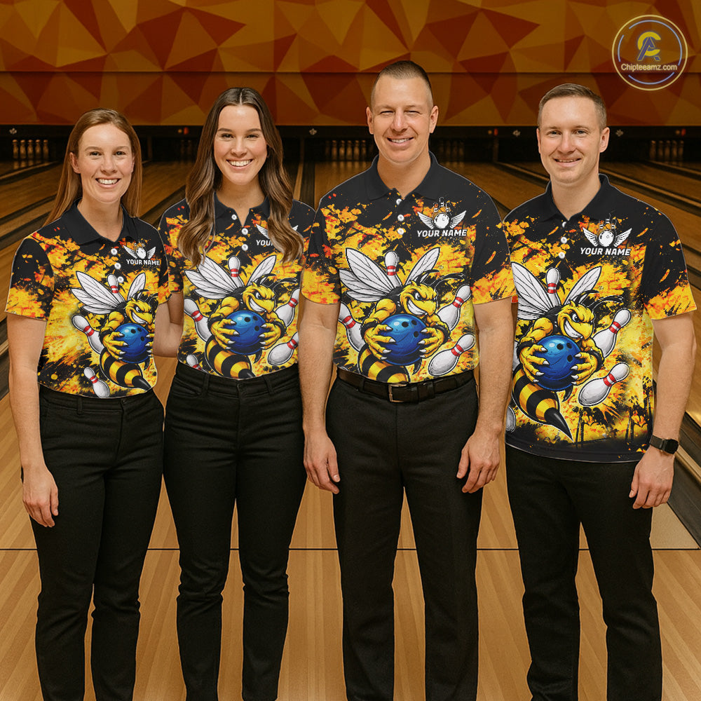 Funny Bee Custom Grunge Yellow Black Bowling Shirt For Women, Bowling Team Jersey Polo & 1/4 Zip TDM6162