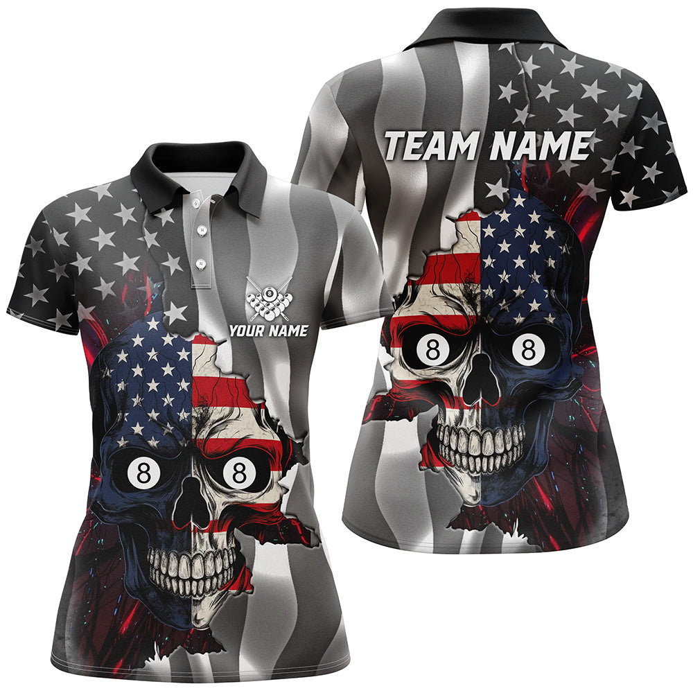 Personalized Billiard Skull American Flag Women Polo Shirts Custom Patriotic Billiard Jerseys Attire TDM1507