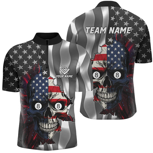 Personalized Billiard Skull American Flag Men Quarter-Zip Shirt, Patriotic Billiard Jersey TDM1507